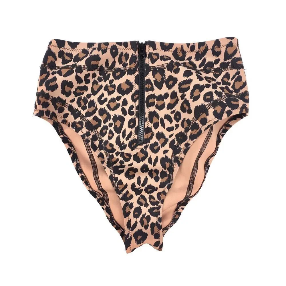 NEW GIGI C Lillian Bikini Bottom Brown Leopard Print Zipper 90s Swimwear Y2k